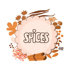 Spices set with space for text. Cartoon card with vanilla pods, cinnamon sticks, anise, cardamom, ginger, nutmeg, saffron, cloves. Vector design isolated on white background. Flat cartoon illustration