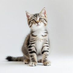 Cute black tabby with white stray cat kitten, sitting up facing front. 
 Looking straight to camera, Isolated cutout on transparent background.

