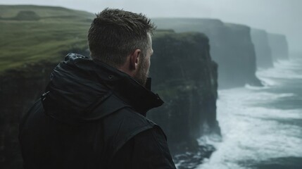 Man contemplates dramatic coastal cliffscape scenery