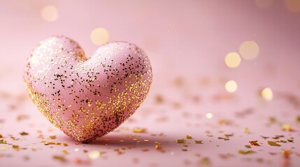 Obraz premium Glittery pink heart on pink backdrop with gold confetti bokeh.