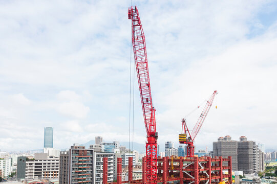 Red Tower Cranes Urban Construction Site Modern City Development