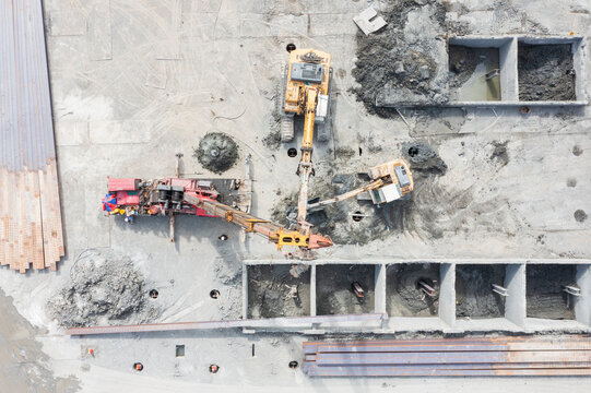 Aerial View Construction Site Heavy Equipment Foundation Develop
