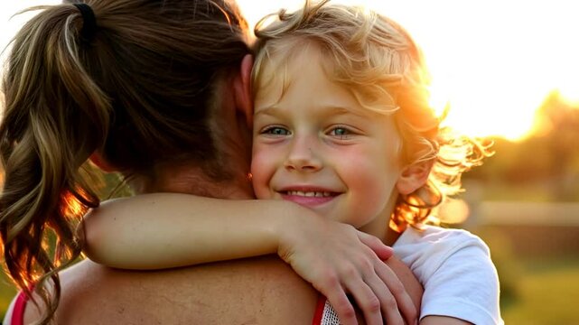 The camera zooms in to capture the tender moment as a young Caucasian boy, around six years old, wraps his arms tightly around his mother