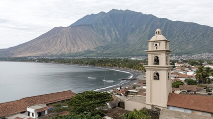Fototapeta premium Coastal town church with volcano backdrop.