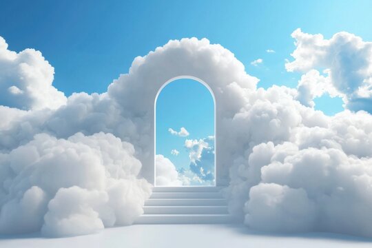 Dreamlike cloud portal opening sky digital artwork serene environment aerial view spiritual journey