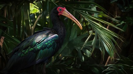 Fototapeta premium Mysterious Green Ibis in Lush Tropical Foliage