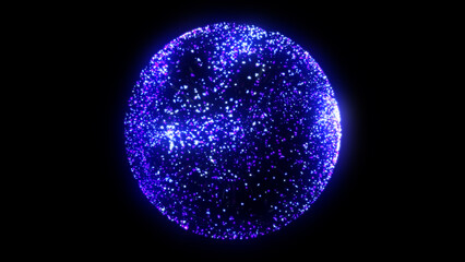 Glowing particle 3d sphere in the Universe. Abstract glittering energy orb of purple particles in the space. Science, technology, AI, virtual assistant.