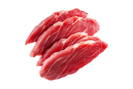 Fresh slices of turkey breast cut isolated on white transparent background, showcasing quality and texture.