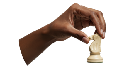 Hand holding a knight chess piece, playing a chess match game, finger, arm, isolated transparent png