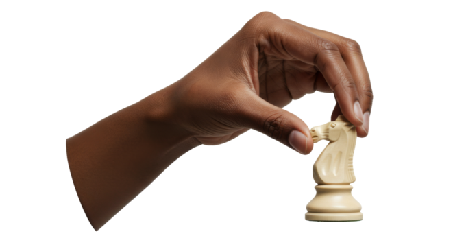 Hand holding a knight chess piece, playing a chess match game, finger, arm, isolated transparent png