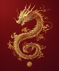 chinese dragon on red background A majestic golden dragon statue, a symbol of ancient Chinese culture and mythology, adorned with intricate oriental ornaments, embodies the power Golden Zodiac Wheel f