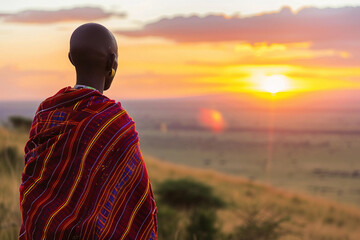 Fototapeta premium Kenyan aborigene enjoying a bright sunset, generative AI