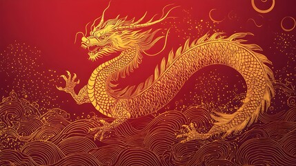 Fototapeta premium chinese dragon on the wall Golden Dragon with Floral Pattern, a Symbol of Ancient Chinese Culture, Decorates this Vintage Holiday Card