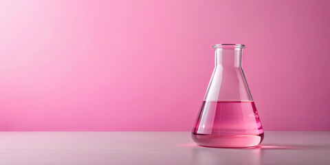 A glass flask filled with a vibrant pink liquid rests on a smooth surface. The soft pink backdrop creates an inviting atmosphere, suggesting a laboratory environment and experimentation