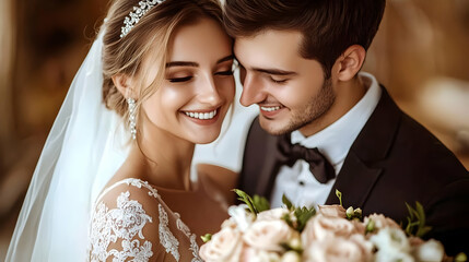 Happy wedding couple embracing indoors, romantic close-up, elegant setting, perfect for wedding invitations
