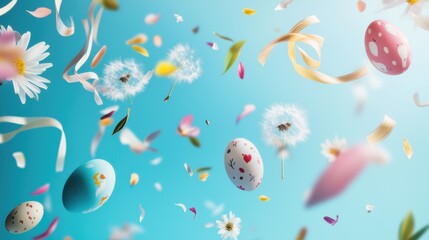Colorful Easter eggs and flowers float in a vibrant setting celebrating spring