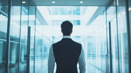 Fototapeta premium Businessman Reflecting on Future Prospects in Modern Office Corridor