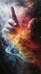 Fototapeta premium A cosmic hand gestures towards vibrant colors swirling in a galaxy, symbolizing creativity and the connection between humanity and the universe.