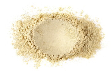 Yellow, golden maca organic powder pile isolated on white