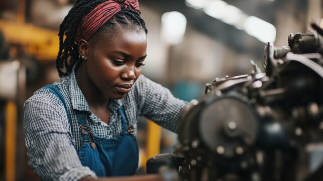 Dedicated Woman Mechanic Concentrating on Industrial Engine Repair