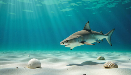 Fototapeta premium Lone baby shark gliding above sandy ocean floor in serene underwater setting