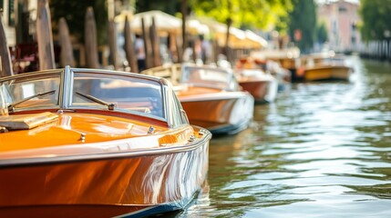 Vibrant Orange Boats on a Venetian Canal