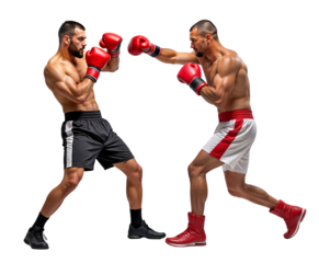 Two pro boxer sparring in a boxing match, isolated full body side view