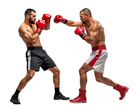 Two pro boxer sparring in a boxing match, isolated full body side view