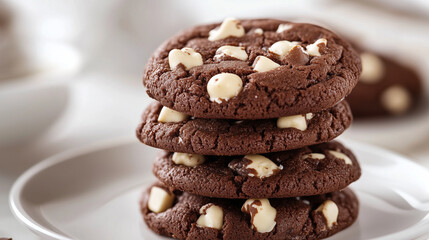 Soczyste ciasteczka z orzechami laskowymi i kawałkami białej czekolady, starannie ułożone na talerzu, tworzące smakowitą i apetyczną kompozycję.