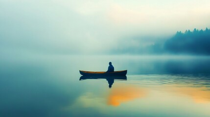 Solitary figure in a canoe on a misty lake at sunrise.