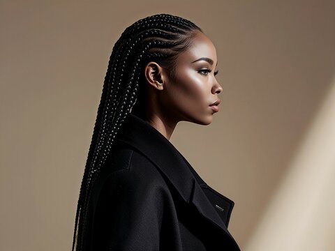 Elegant Black Woman with Cornrows: A sophisticated portrait of a Black woman with long, meticulously braided cornrows, showcasing her beauty and strength in a profile view against a neutral backdrop.