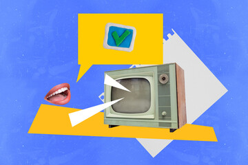 Exclusive art banner collage of faceless human mouth speak bubble checkmark approval sign confirm...