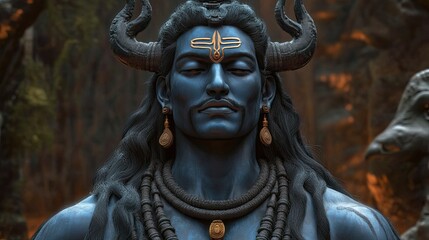 Obraz premium Majestic Depiction of Mahadev in Serene Forest Setting During Twilight Hours