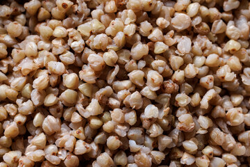 Cooked green buckwheat groats, close up view, macro. Buckwheat background