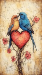 Fototapeta premium A vibrant illustration of two colorful birds perched on a heart, surrounded by flowers, symbolizing love and connection.