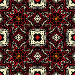 Colorful oriental mosaic square rug with a traditional central medallion with floral motif and geometric ornaments. Patterned carpet with a border frame. Cross stitch template