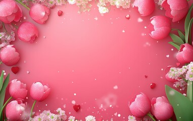 A dreamy pink backdrop adorned with delicate flowers and vibrant hearts, radiating love and affection.
