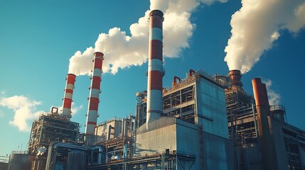 Industrial plant with tall smokestacks emitting smoke against a clear blue sky.