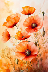 A painting of a bunch of orange poppies in a field