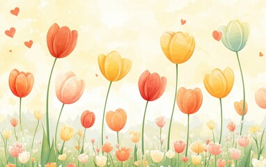 Fototapeta premium A vibrant field of tulips blooms, adorned with floating hearts, celebrating love's beauty this Valentine's Day.