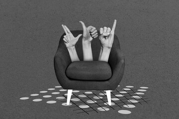 Creative photo 3d collage artwork poster postcard of human hands inside cozy comfy modern armchair...