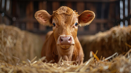 Brown cow standing indoor in wooden barn stall surrounded by hay. Domestic livestock cattle on a cowshed ranch, countryside dairy milk husbandry business production.