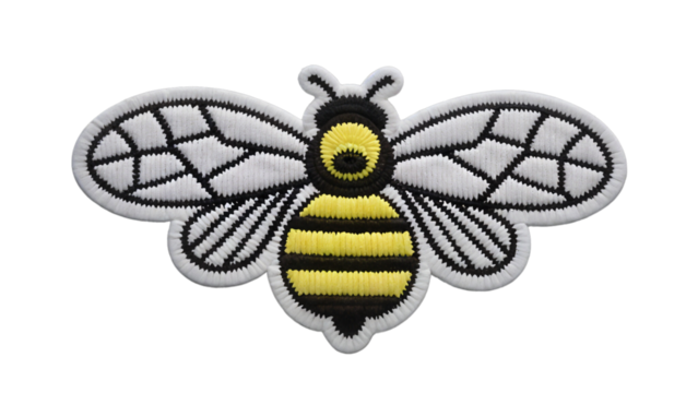 Stylized Bee Emblem, Brightly Colored and Eye-Catching Textile Patch for Fashion and Crafts