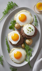 Gorgeous serving: golden lamb, green accented eggs.