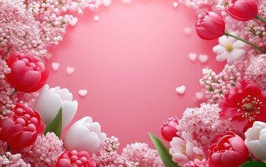 A vibrant heart frame blooms with colorful flowers and charming hearts, radiating love and joy.