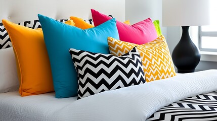 Colorful pillows arranged on a bed with white bedding and black and white chevron pattern.