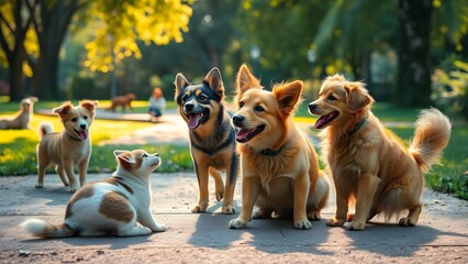 An enchanting scene featuring various dogs companions engaging in joyful activities together. A serene park where a friendly dog shares a playful moment. Vibrant Friendship Day vibes.