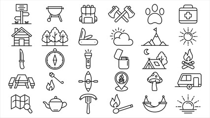 Camping icon line vector designs collection in trendy style editable stroke