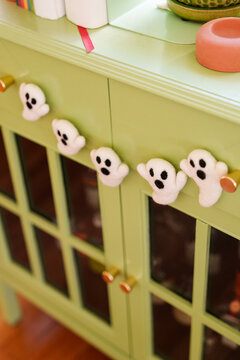 Ghost garland hangs on knobs