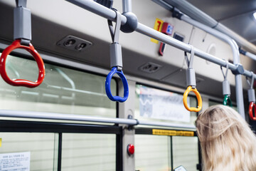 Colorful handles in subway train 